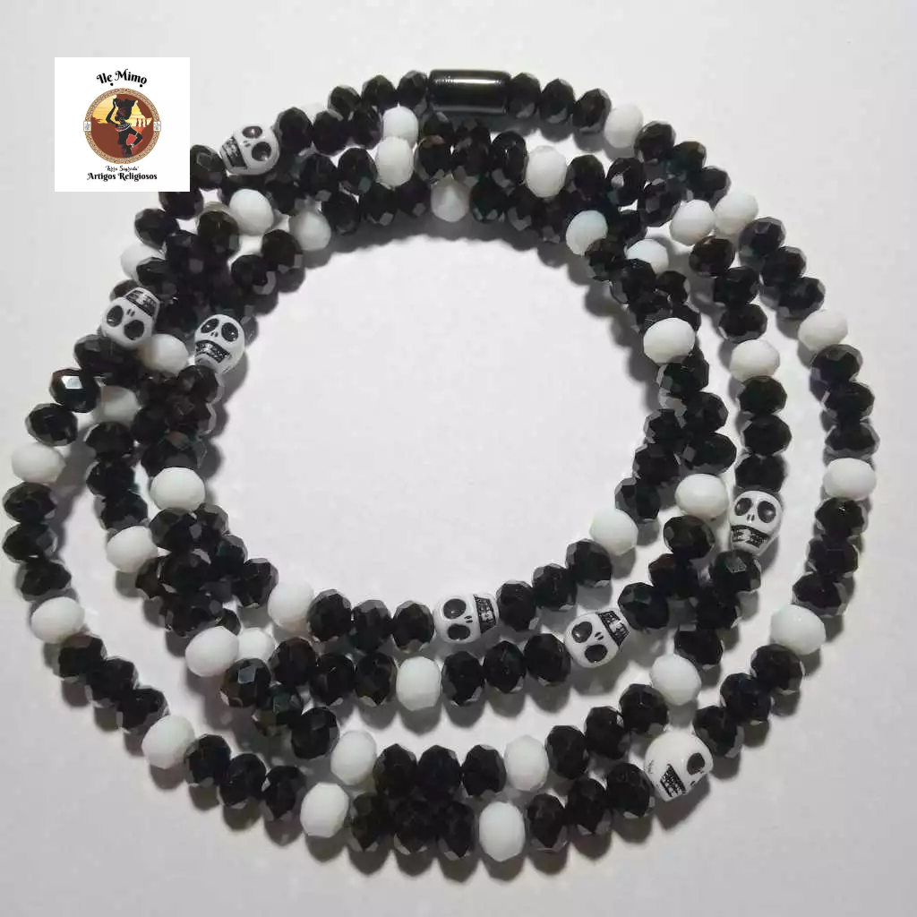 Guia de Exu Caveira Fio de Contas de Cristal Preto e Branco C/ Caveira - Umbanda Candomblé