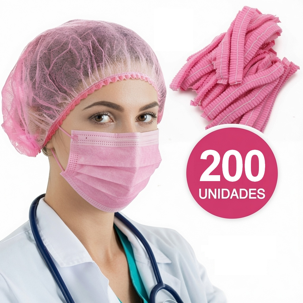 Kit 200 Touca Descartável Rosa TNT c/ Elástico Premium