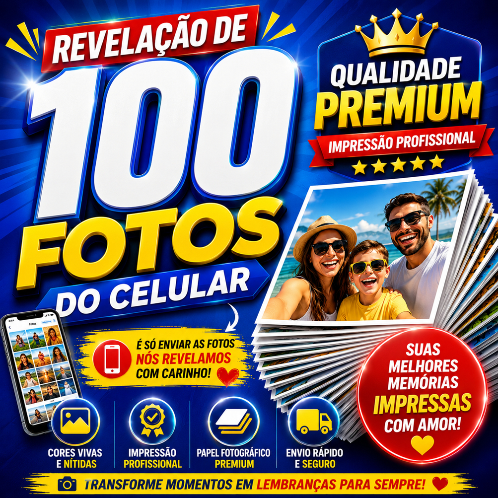 Pacote 100 Fotos 10x15 Impressão Profissional com Acabamento Premium - Tipo Papel: Fotográfico Brilho