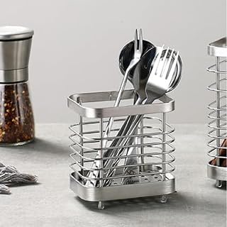 Suporte para utensílios, escorredor de louça em aço inoxidável, organizador de bancada para colheres, garfos, facas e outros utensílios de mesa na mesa da cozinha, prateado