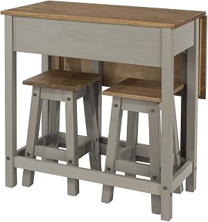 Mesa Dobrável e 2 Banquetas de Madeira Maciça Cinza Lavado - 84 Alt X 80 Larg X 40 Prof - Móveis Versáteis para Sala e Cozinha - Acabamento em Cera, Madeira Pinus Elliottis - PENSE DENTRO DA CAIXA
