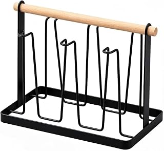 Suporte Porta Copos e Xícaras de Ferro com Base de Bambu para Mesa Bancada Cozinha e Cantinho do Café