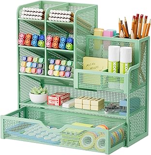 Marbrasse Suporte de caneta de malha para mesa, organizador de lápis multifuncional com gaveta, organizadores de mesa e acessórios para materiais de arte de escritório (verde)