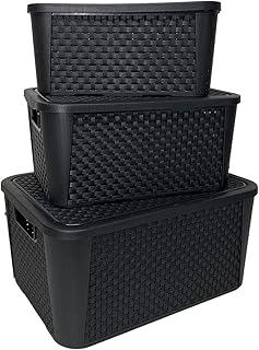 Kit 3 Caixas Organizadoras Casa Decoração Rattan Preta Pequena Media Grande