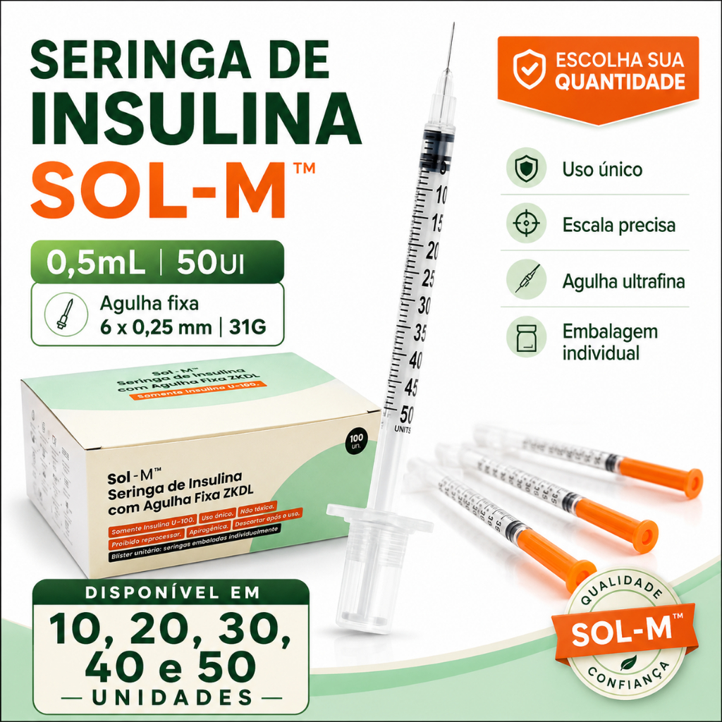 Seringa de Insulina 0,5ml/50ui agulha fixa 6mm x 0,25mm ultrafina (10/20/30/40und)
