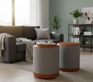 Kit Puff Banqueta Redondo Linho Com Couro 42x34x34 Oreon Luxo Decorativo Retro Vintage Casa Jd