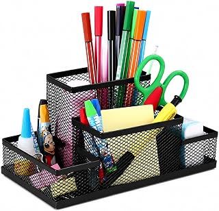 Organizador de Mesa Multifuncional em Metal Preto, Porta Lápis com Divisórias para Canetas, Clips, Bloco de Notas e Acessórios, Ideal para Escritório, Home Office e Estudos