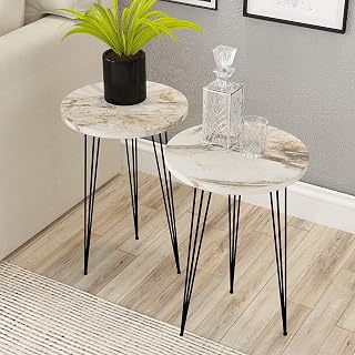 Pak Furniture Mesa de destaque de parede de mármore com pernas de metal para sala de estar, quarto, varanda, conjunto de 2 (mármore branco)