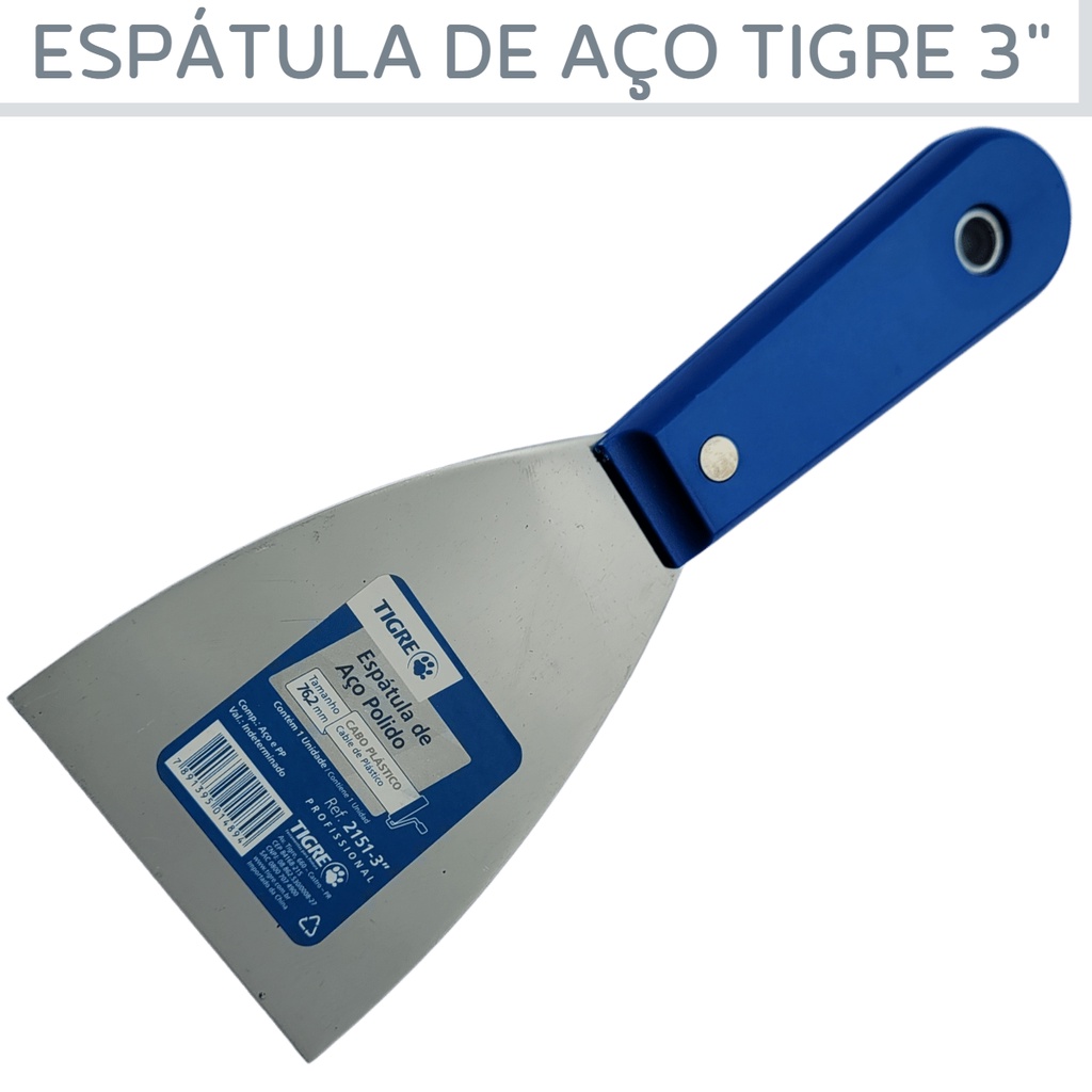 Espátula de Aço Polido Tigre 3" Profissional Multiuso Para Massa,Gesso e Outros Espatula Com Cabo.