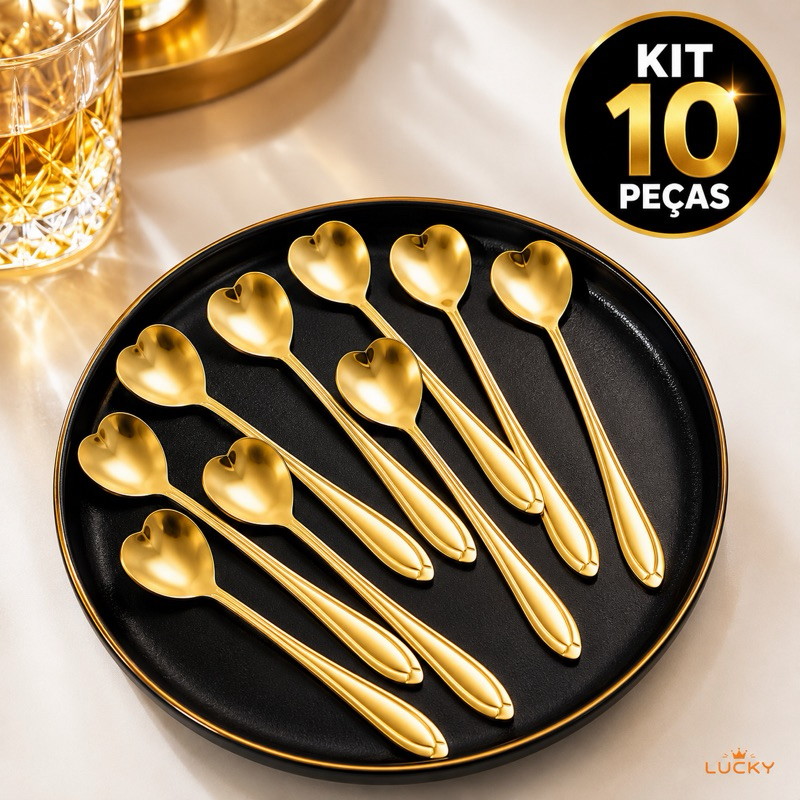 Kit 10 Colheres Coração Fofa para Cozinha Mesa Posta Douradas Café Sobremesa Chá Aço Inoxidável