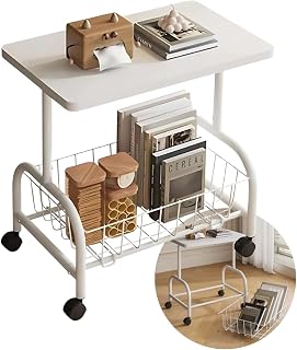 Mesa Lateral Auxiliar com Rodinhas e Cesto Organizador Removível 43x30x57cm de Ferro e MDF - Mesinha de Apoio Móvel Multiuso para Café, Decoração ou Notebook | Sala, Quarto e Escritório - Branca