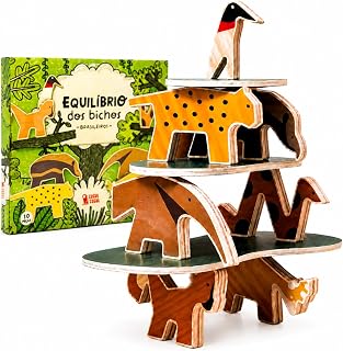 Brinquedo Educativo Equilibrio dos Bichos Brasileiros em Madeira, 7 Animais com 3 Bases para