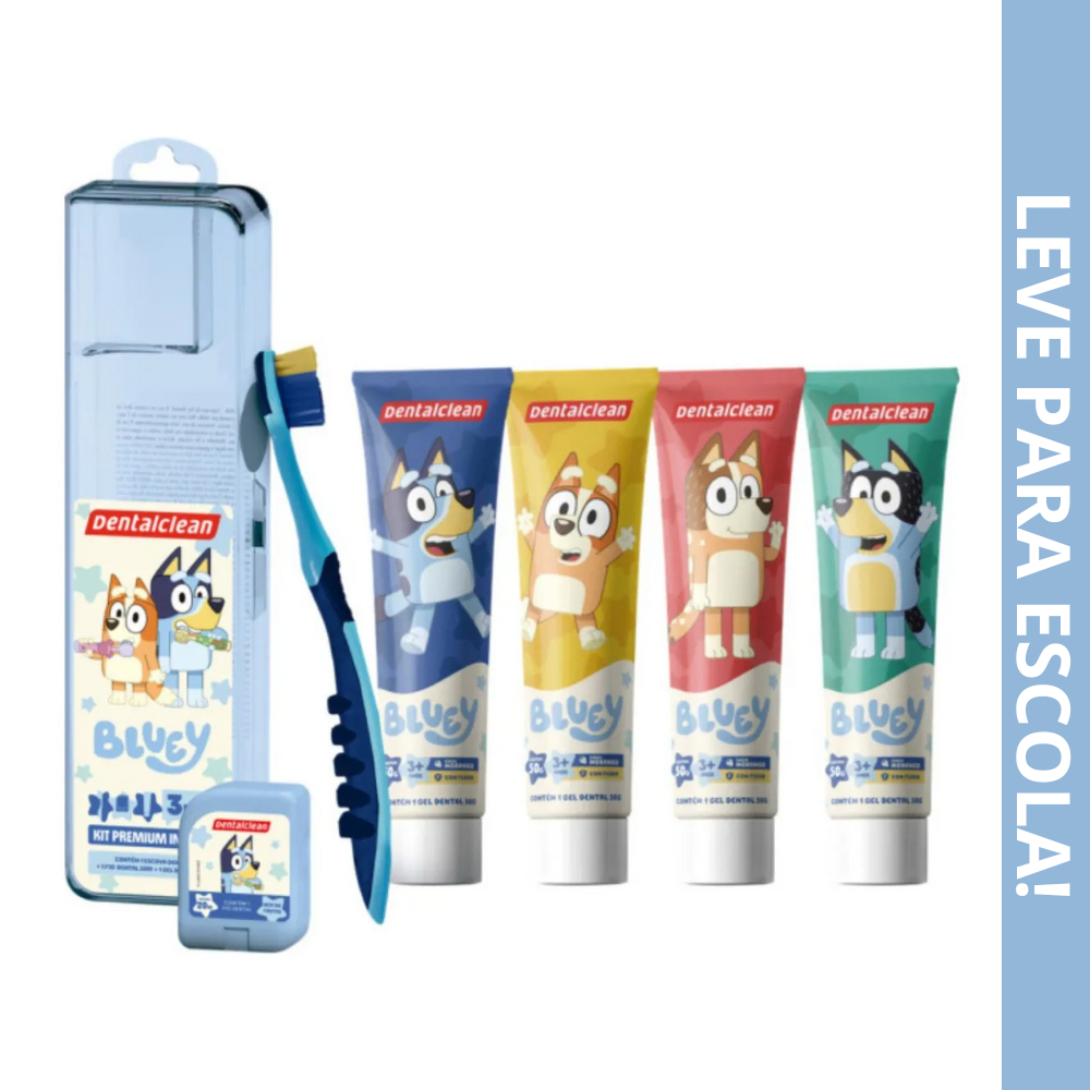 Kit Infantil Bluey Dentalclean 3 em1 Escova Macia + Gel Dental + Fio Dental 20m Original