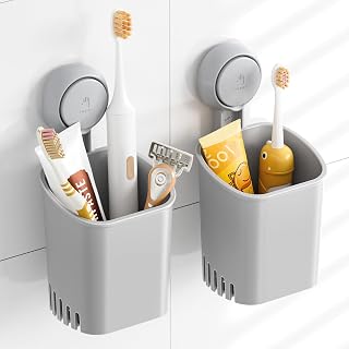 Suporte de escova de dentes cinza com ventosa para parede de chuveiro - copo de armazenamento autodrenante para barbeador, pasta de dente e utensílios de mesa de cozinha - sem pregos/sem cola