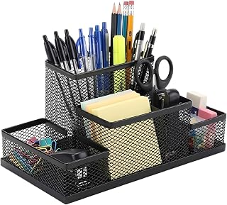 Organizador de Mesa Escritório em Metal Preto com 4 Compartimentos Porta Lápis, Canetas, Clips e Material Escolar Organizador Multiuso para Escritório e Home Office (4 Divisórias)