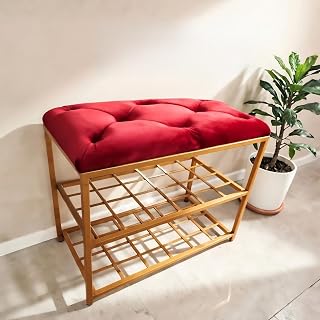 Sapateira Banco Estofado Veludo Base Metal Dourado 2 Prateleiras 60x30x50 Decoração Móveis Casa