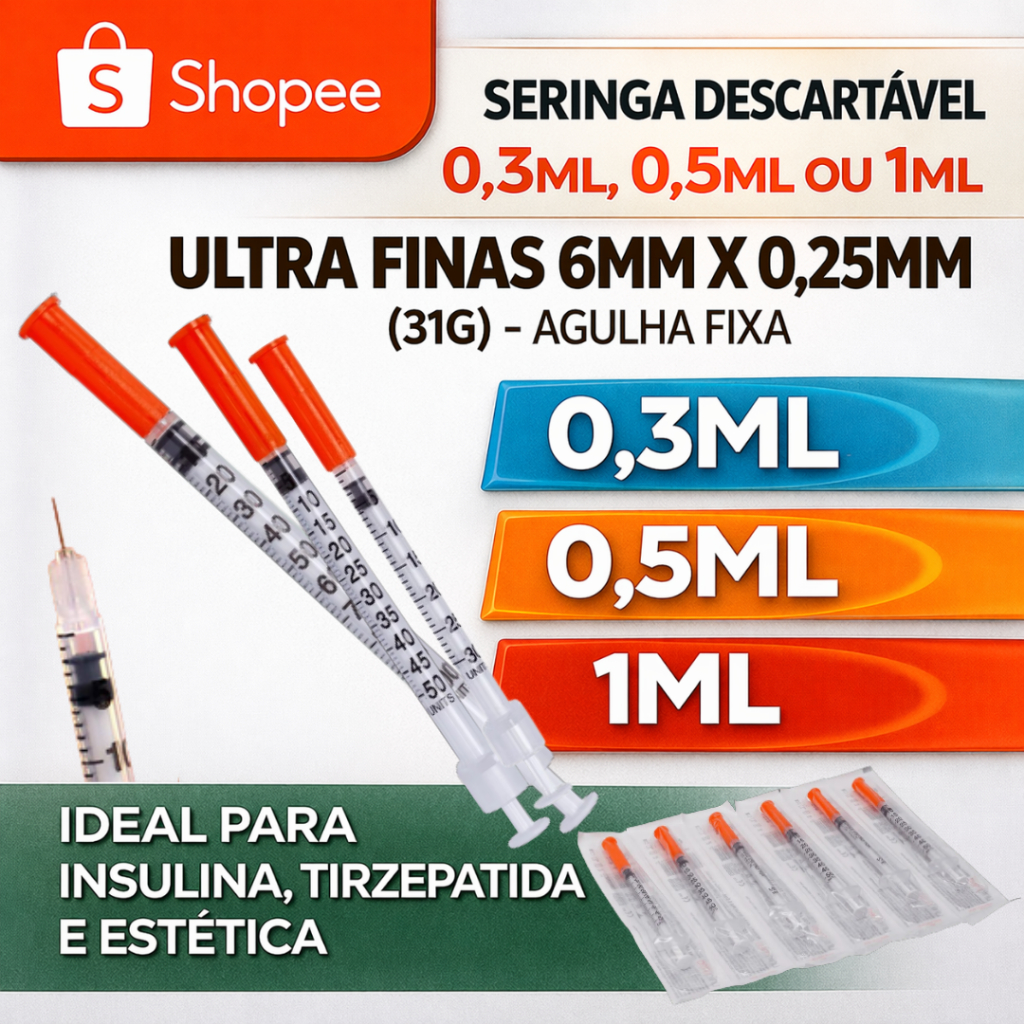 Seringas de Insulina 0,3ml, 0,5ml e 1ml com ag. 6mmx0,25mm 31G para Botox, Homônios etc - VP