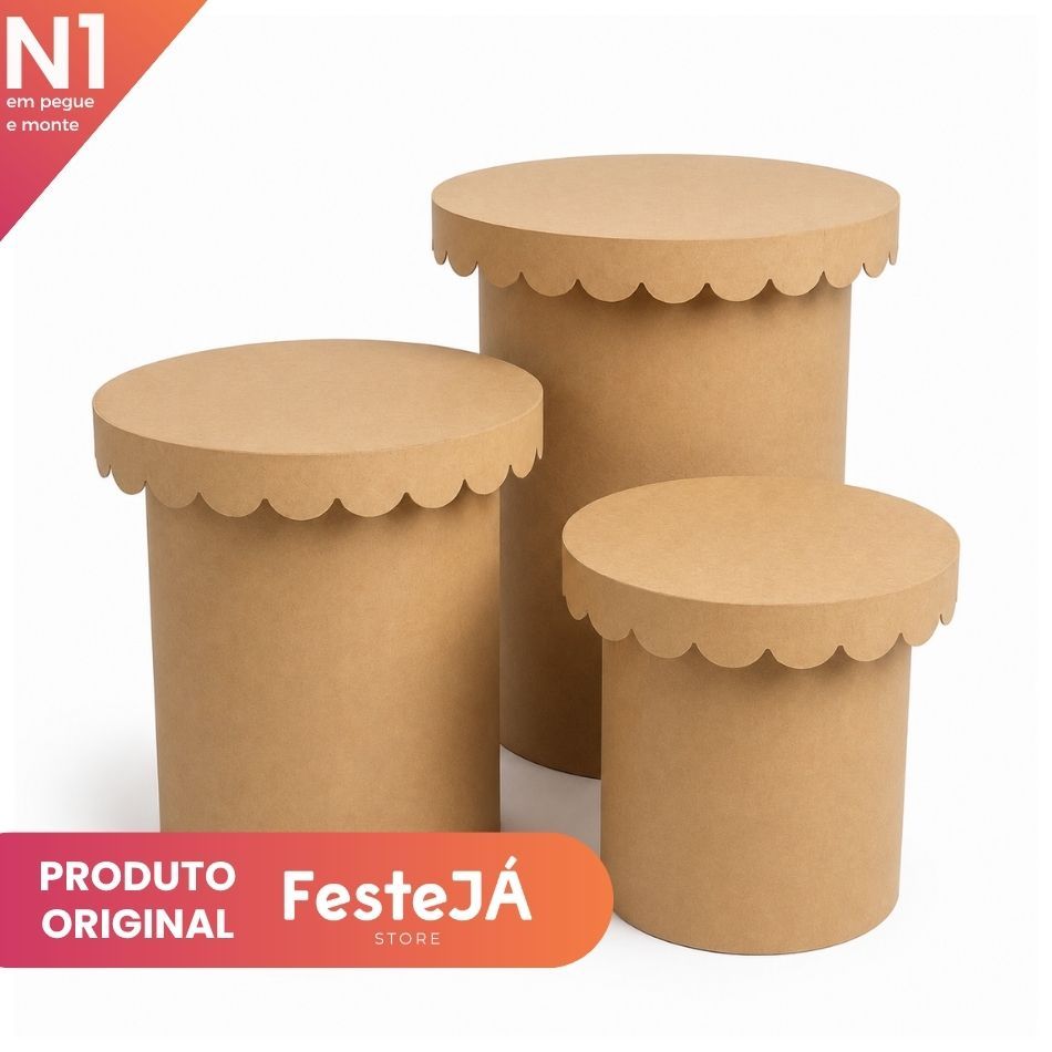 Trio Tampo Babado MDF Kit 3 Peças Mesa Decorativa Encaixe Cilindro Liso Ripado Festa Luxo Premium