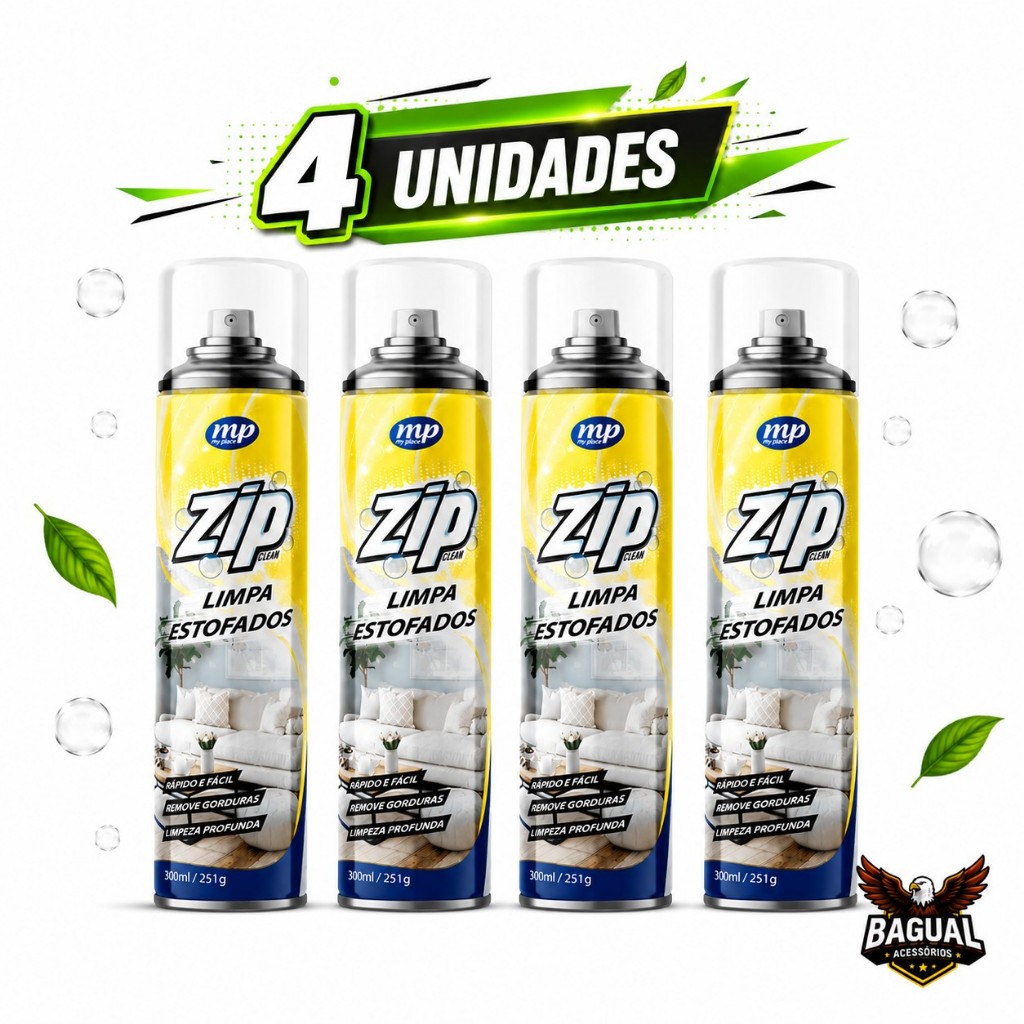 Kit até 4 Spray Limpa Estofados Espuma Mágica Limpa a Seco Zip Clean Spray Perfumado 300ml