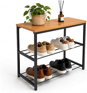 Sapateira Banco Industrial Para Hall/Closet/Quarto 2 Prateleiras em Chapa de Aço - LH Móveis (Cedro)