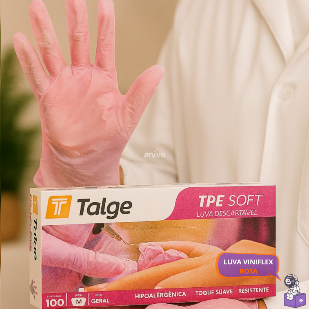 Kit 100 Luva Rosa Viniflex Descartavel Vinil TPE Sem Pó Uso Profissional