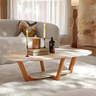Mesa de Centro Oval para Sala, Mesa Auxiliar com Dois Tampos, Móvel Decorativo Resistente (OffWhite