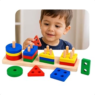 Brinquedo Educativo de Madeira, Encaixe de Formas Geométricas e Cores, Jogo Pedagógico Montessori, 4 Colunas, +3 Anos