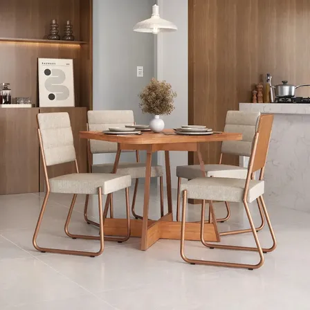 Conjunto Sala Jantar 4 Cadeiras Charlotte Carraro Nogal Rose Liso