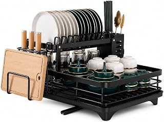 Escorredor de Louça 2 Andares Preto em Aço Inox com Porta Talher, Suporte para Pratos, Copos, Tigelas, Tábua de Corte e Drenagem para Cozinha