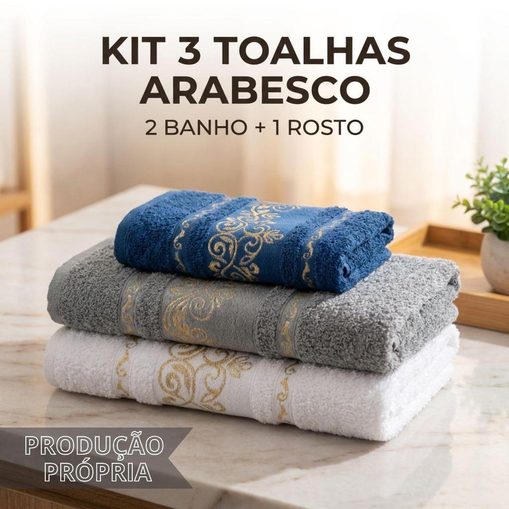Kit Toalha Arabesco 3 Peças 2 Banho + 1 Rosto 100% Algodão Banhão Super Macia