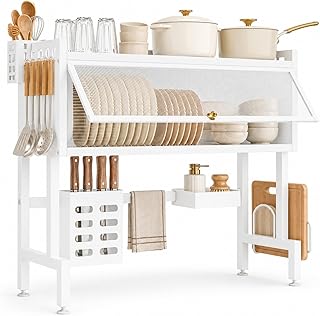 Escorredor de Louça Suspenso 75cm Branco Organizador de Pia Cozinha com Porta Pratos, Copos, Talheres, Utensílios e Escova de Limpeza