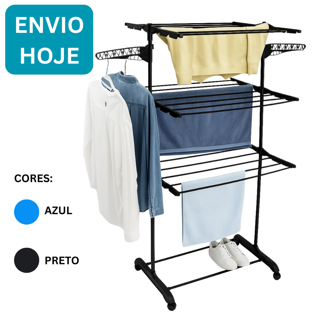 Varal De Chão 3 Andares Roupa Calcinha Grade Dobrável Portátil e Com Rodinhas Organização