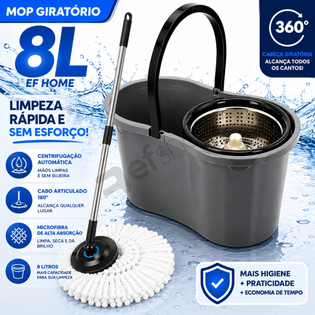 Mop Com Centrifuga Inox e Cabo em Inox Com Refil De Microfibra 9 Litros Mopi