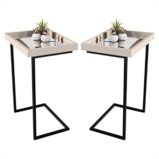Mesa de Apoio Lateral para Sofá com Bandeja Espelhada Pés de Ferro Decoração Sala Quarto Estilo Moderno(Kit Offwhite - Preto)