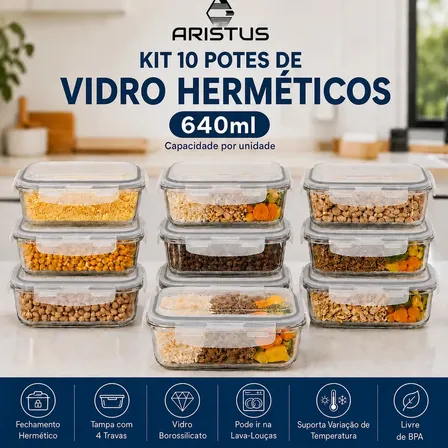 Kit 10 Potes Vidro Hermético Aristus 640ml Marmita Anti Vazamento Forno Micro-ondas Freezer Tam