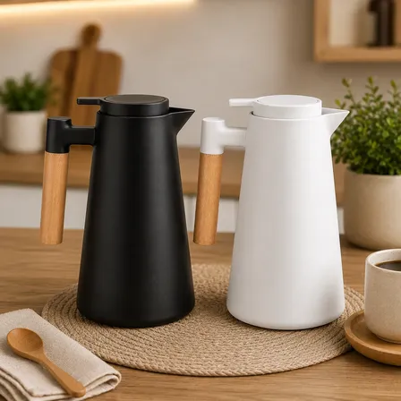 Garrafa Térmica Café 1 Litro Nórdica Cabo Madeira Mesa Posta Preto
