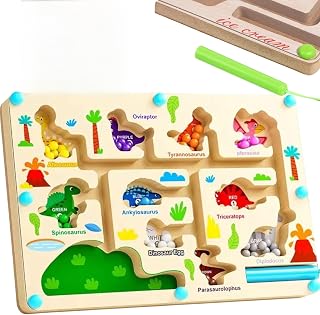Labirinto Magnético Infantil Dinossauros Montessori, Jogo Educativo e Pedagógico de Madeira com Imã, Brinquedo de Coordenação Motora para Crianças 3+ Anos