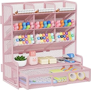 Marbrasse Organizador de mesa de malha maior com gaveta, porta-lápis multifuncional, fácil montagem, organizadores de mesa e acessórios para materiais de arte de escritório (rosa)
