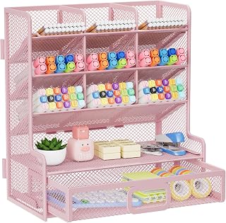 Marbrasse Organizador de mesa de malha maior com gaveta, porta-lápis multifuncional, fácil montagem, organizadores de mesa e acessórios para materiais de arte de escritório (rosa)