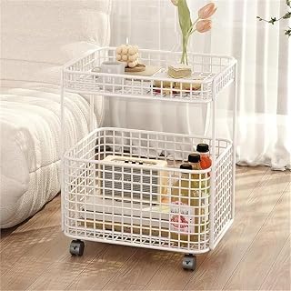 Mesa Lateral De Ferro Forjado, Mesa De Cabeceira, Mesa Lateral Estreita De Sofá De 2 Níveis Com Rodas, Estante Móvel, Carrinho De Utilidades Grande Para Quarto E Casa Com Esp, White, One Size