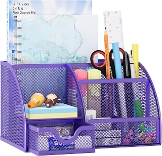 EasyPAG Organizador de mesa de malha com gaveta, suporte multifuncional de caneta, organizador de papelaria para escritório, material escolar, 6 compartimentos, organizadores de dormitório e