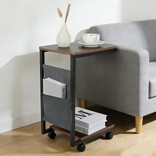 comfoyar Mesa lateral em forma de C, mesa de cabeceira de madeira com rodas para poltrona reclinável de sofá, mesa de café, bandejas de TV com bolsa de armazenamento para espaços pequenos, sala de