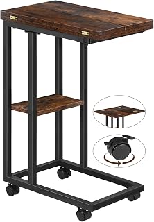 Mesa lateral pequena dobrável - mesa de canto de sofá em forma de C com prateleira de armazenamento e rodas, bandeja de lanche de madeira expansível para sala de estar, quarto, sofá, cadeira de
