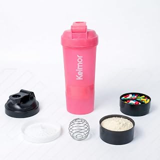 Coqueteleira Whey Protein Com Compartimento Shaker Academia 500ml BPA Free Com Mola Misturadora Vedação Segura Para Pré E Pós Treino Suplementos Cápsulas Portátil (Rosa com glitter)