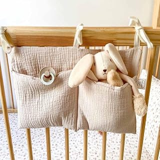 Organizador de armazenamento de algodão para berçário – bolsa de armazenamento de brinquedos e berço de bebê com 2 bolsos, organizador multiuso respirável (cor de trigo)