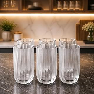 Jogo 6 Copos de Vidro Canelado Premium 430ml Elegante Resistente Transparente para Água Suco Drinks Mesa Posta Cozinha