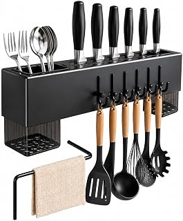 Suporte de Utensílios de Cozinha Multiuso de Parede, Organizador com 8 Ganchos, 2 Porta-Talheres Removíveis, Barra para Pano, Drenagem, para Facas, Colheres, Espátulas e Talheres
