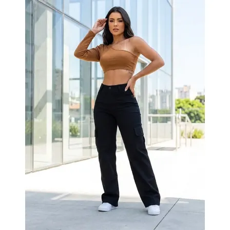 Calça Cargo Feminina Wide Leg Cintura Alta Jeans Stillger