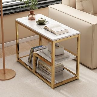 Mesa Lateral Apoio Sofá para Sala de Estar Mármore Branco Dourada | Mesinha de Canto para Sala de Estar Estilo Industrial Mesa de Apoio Lateral Sofa com Prateleiras Moveis Decoracao Quarto
