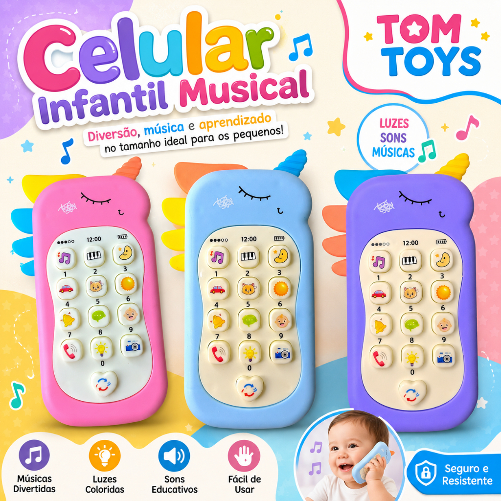 Celular Infantil Telefone Interativo Musical Unicórnio Bebê ou celular Dinossauro